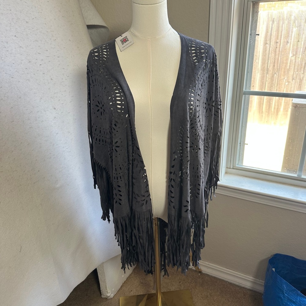 Choies Faux Suede Laser Cut Fringe Kimono Wrap Charcoal Grey Boho Shawl NWT